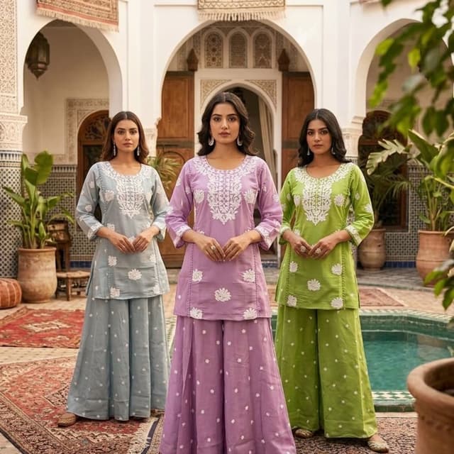 Pastel shades including dusty blue, lavender, and lime green with white embroidery Kurti and Sharara Set