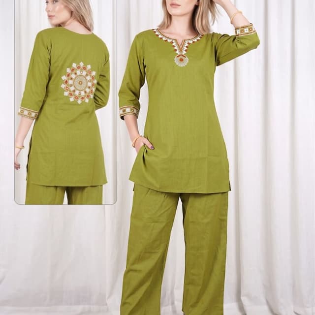Olive green base with multi-color embroidery (white, orange, gold) Kurta Set