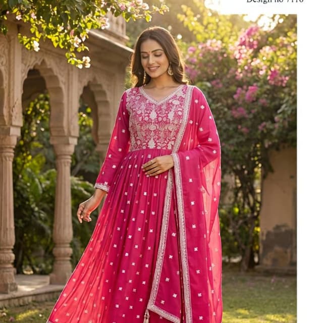 Hot pink, silver Anarkali Suit Set (Kurta, Bottom, and Dupatta)