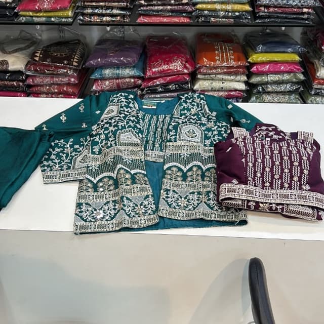 Teal green and white Kurti with jacket set