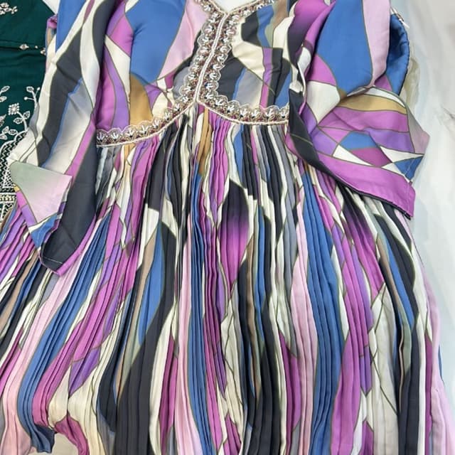 Multicolor featuring shades of purple, blue, black, off-white, and hints of beige Dress