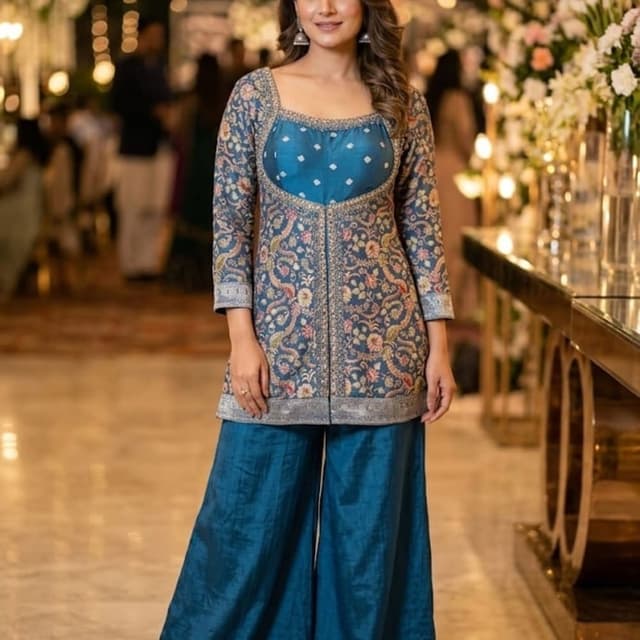 Deep blue, teal, multicolor floral accents, silver metallic details Kurti and Palazzo set
