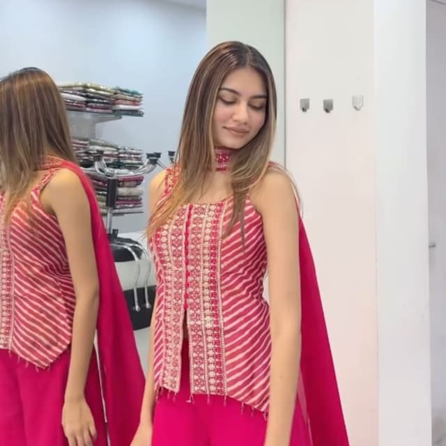 Hot Pink and Cream/White stripes Sharara Set