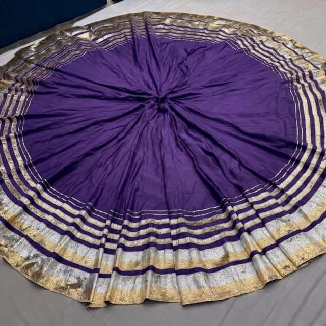 Deep purple base with gold and silver metallic borders Lehenga Skirt