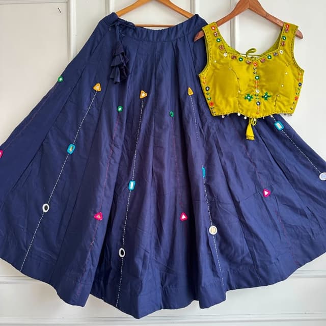 Navy blue skirt and lime green blouse with multi-colored accents Lehenga Choli
