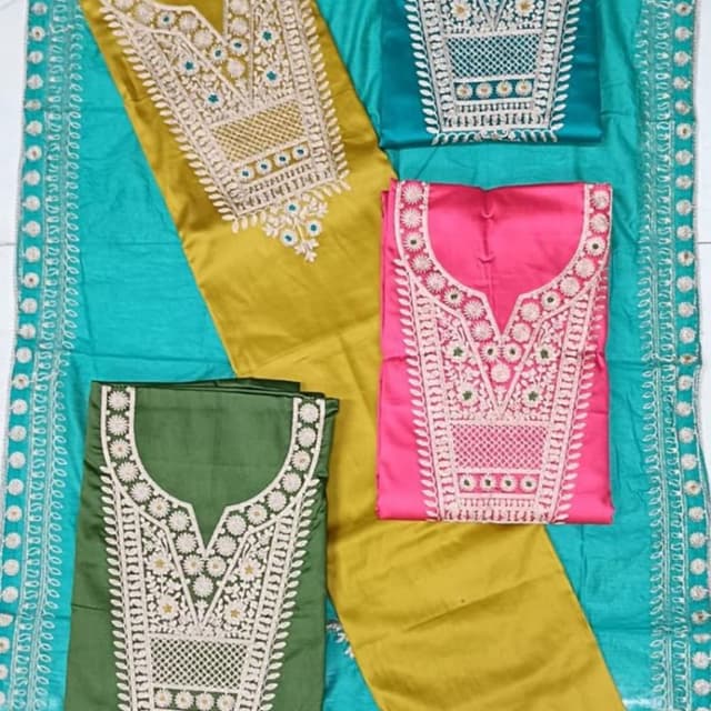 Turquoise, Mustard Yellow, Hot Pink, Olive Green Salwar Kameez material set