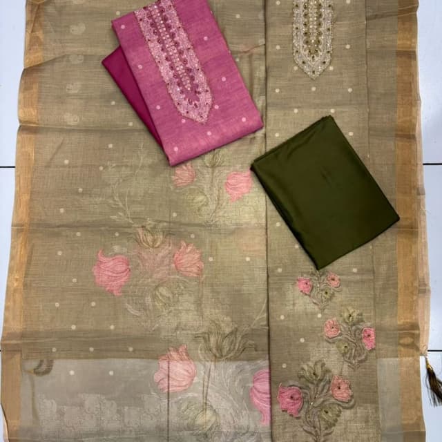 Beige, Olive Green, Pink Dress Material Set