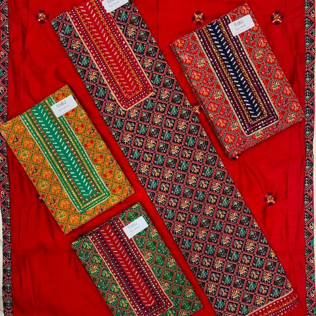Red, Black, Yellow, Green, White Dress Material Set