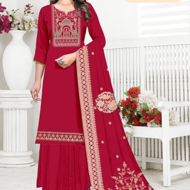 Red base with gold, orange, and green accents Salwar Kameez with Sharara/Palazzo