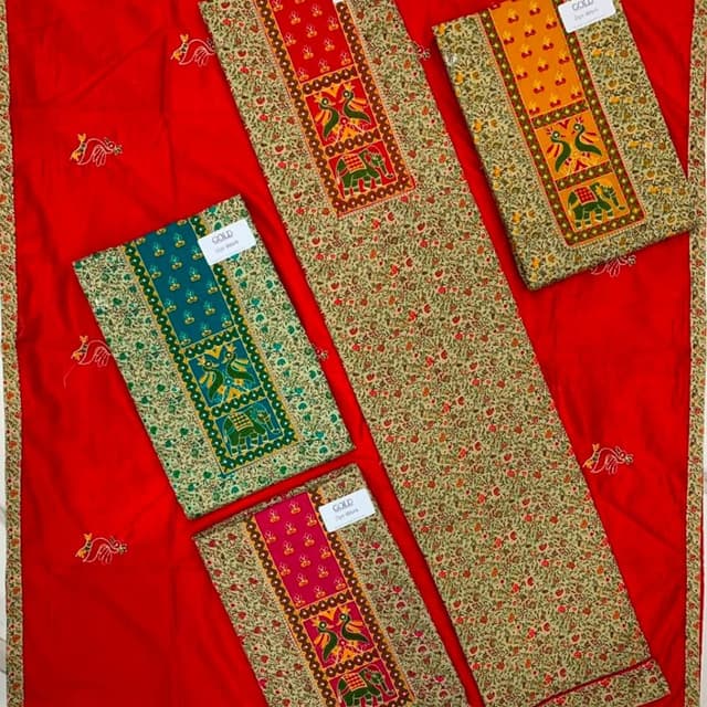 Red, Mustard Yellow, Teal, Pink, and Beige Dress Material Set
