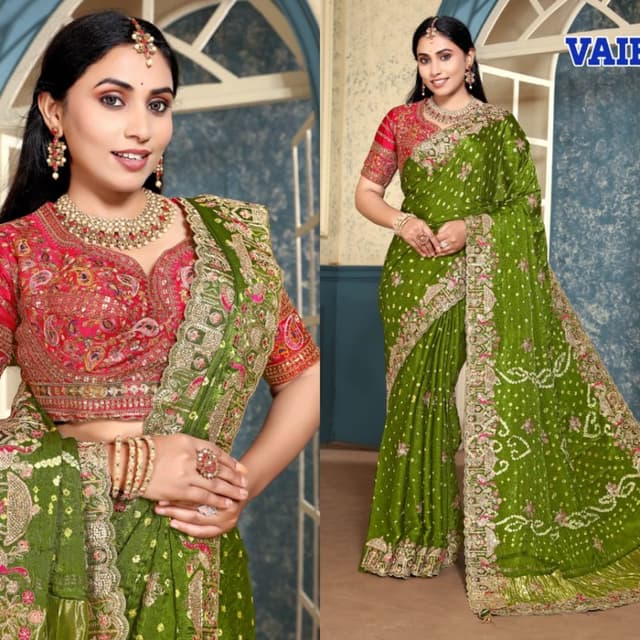 Olive green, vibrant pink, gold, and hints of silver Saree