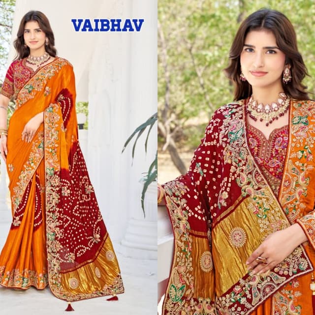 Maroon, Golden Yellow, and Multi-colored embroidery Saree