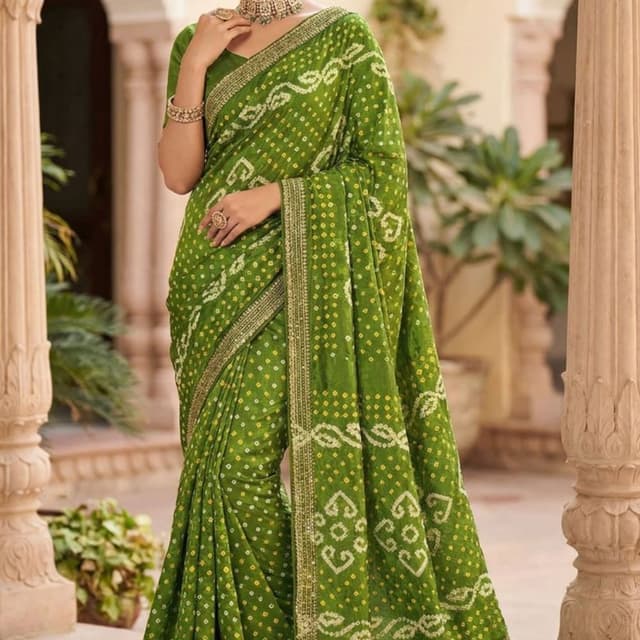 Leaf Green, White, Gold Saree