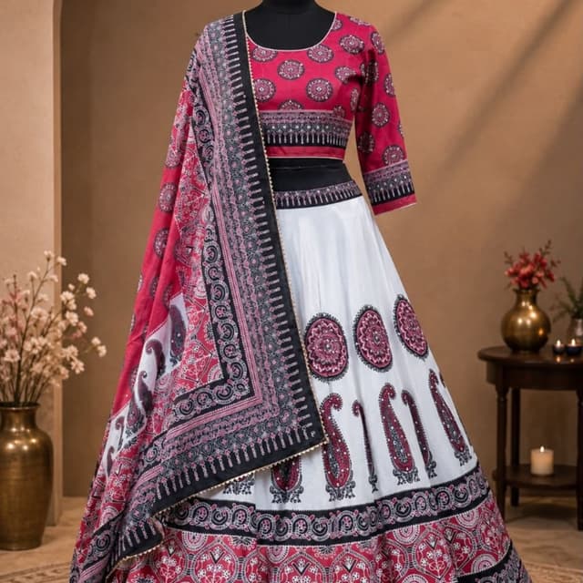 White, Magenta-Pink, Black Lehenga Choli