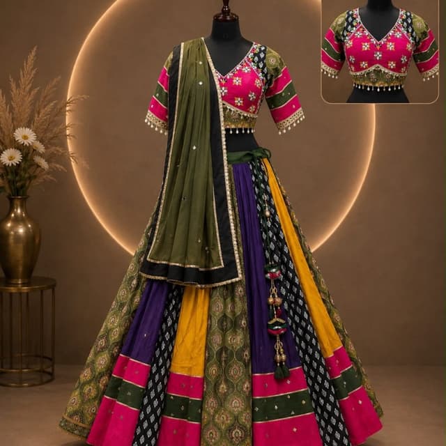 Olive green, hot pink, black, mustard yellow, and violet Lehenga Choli