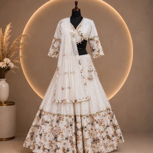 Off-white, cream, with muted floral tones of pink, brown, and sage green Lehenga Choli