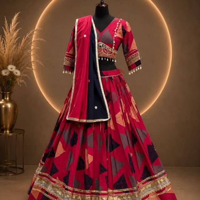Deep pink, black, muted orange, gold Lehenga Choli