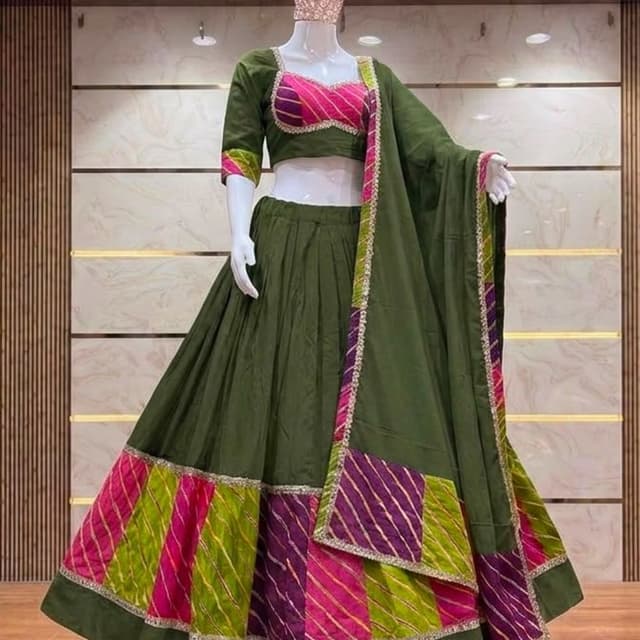 Olive green, hot pink, purple, and lime green with gold accents Lehenga Choli