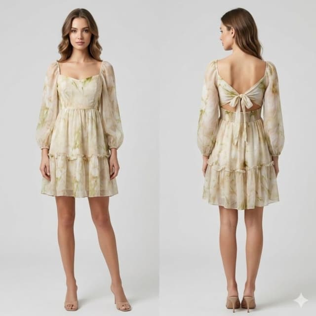 Cream base with sage green watercolor-style floral or abstract print Dress