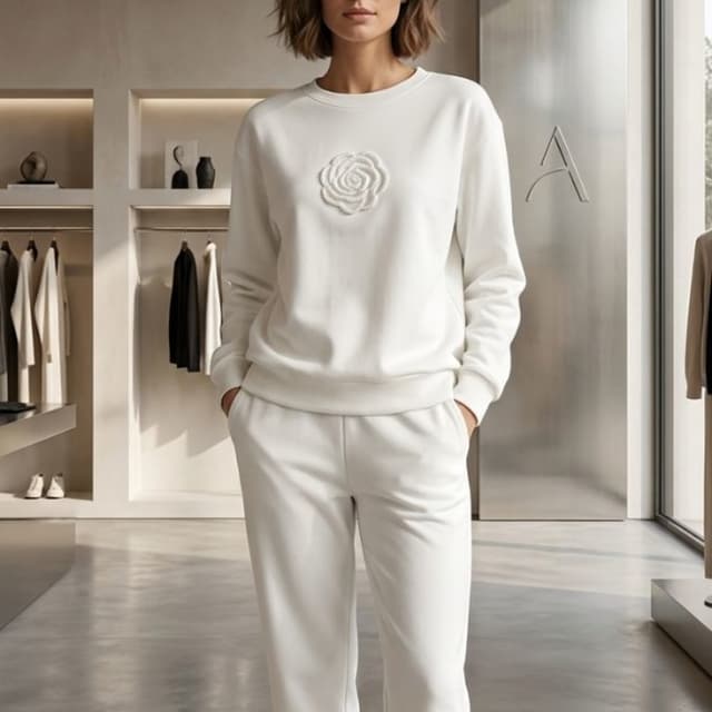 Monochromatic Off-white Leisurewear Set (Sweatshirt and Joggers)