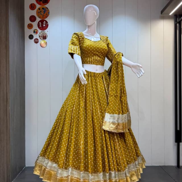 Mustard Yellow, White, Gold Lehenga Choli