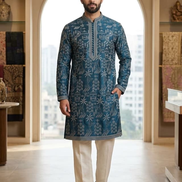 Deep Teal (Blue-Green) with light grey/silver embroidery Kurta