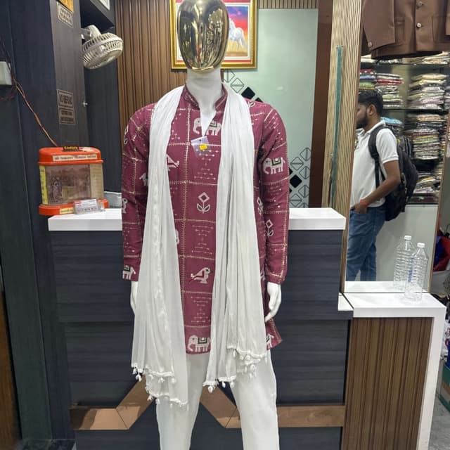 Maroon, White, Gold Kurta Pyjama set