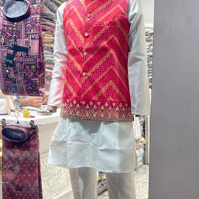 Vibrant pink, white, and metallic gold Kurta Pyjama with Nehru Jacket