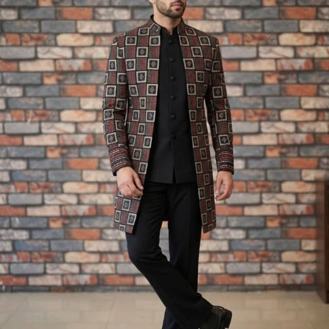 Black base with multi-colored geometric accents in red, teal, and cream Indo-Western Jodhpuri Sherwani Set