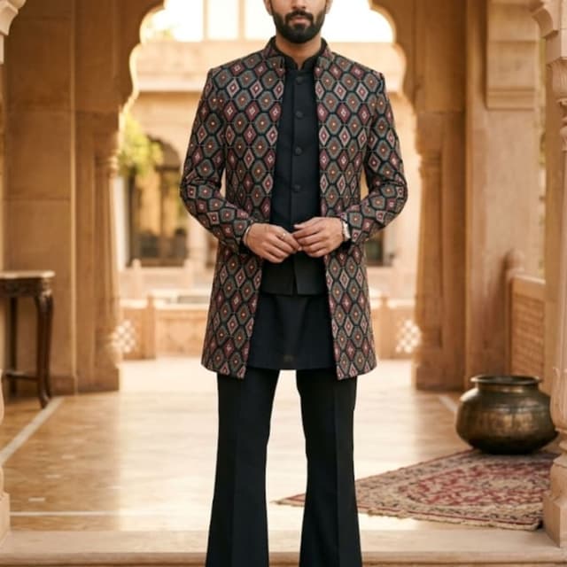 Black base with maroon and beige diamond-patterned embroidery Indo-Western Sherwani Set