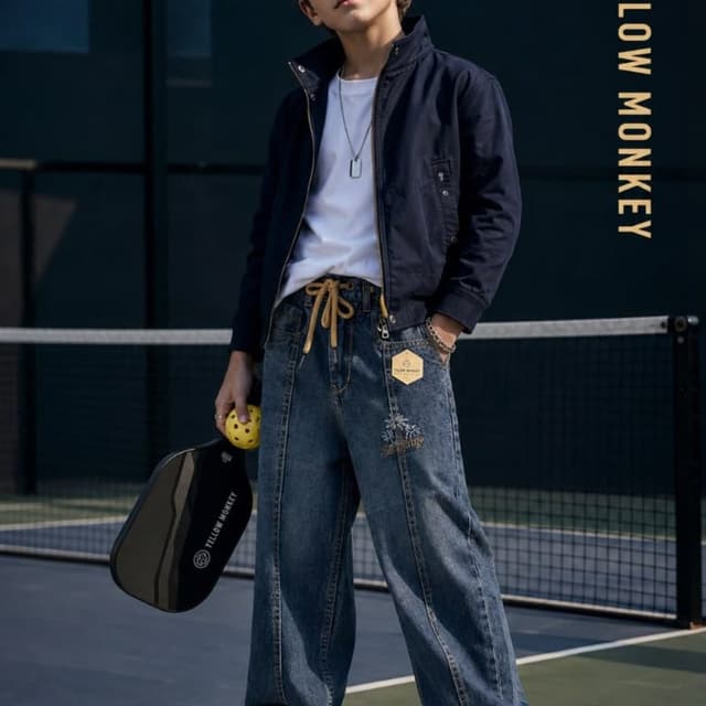 Blue denim, navy blue jacket, white shirt, yellow drawstring Jeans