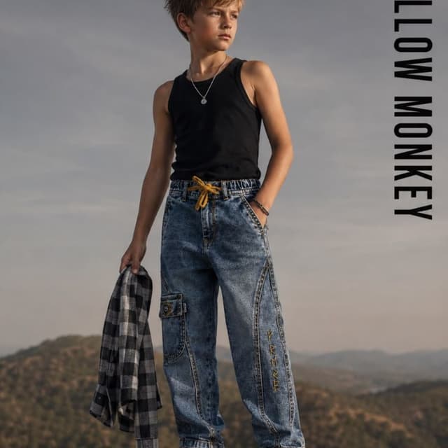 Medium blue denim with mustard yellow drawstring and gold embroidery Jeans