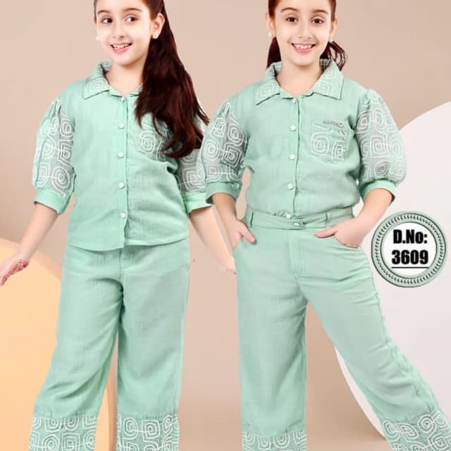 Mint green, white embroidery Co-ord set (button-down shirt and trousers)