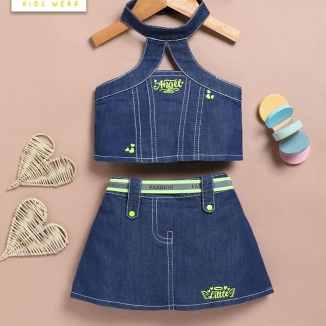 Dark Blue Denim with Lime Green accents Crop top and Skirt set