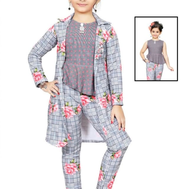 Grey, White, Pink, Black Three-piece suit (Jacket, Peplum Top, Trousers)