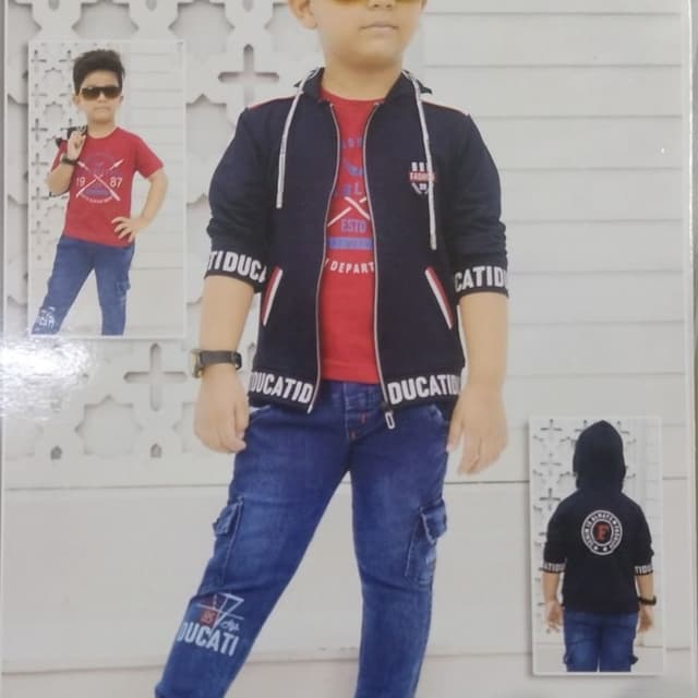 Navy Blue, Red, White, Blue Denim Three-piece set: T-shirt, Jacket, Cargo Jeans