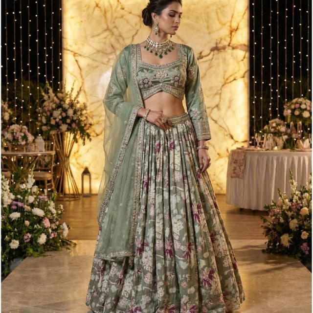 Sage Green, White, Deep Purple, Mauve Lehenga Choli