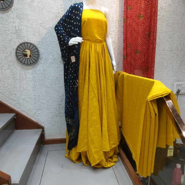 Yellow and Deep Blue Anarkali Suit Set