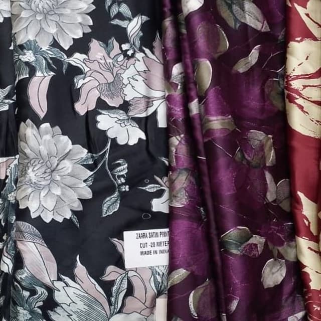Black, Deep Purple/Plum, Dusty Pink, Pale Gold/Olive tones Fabric/Textile