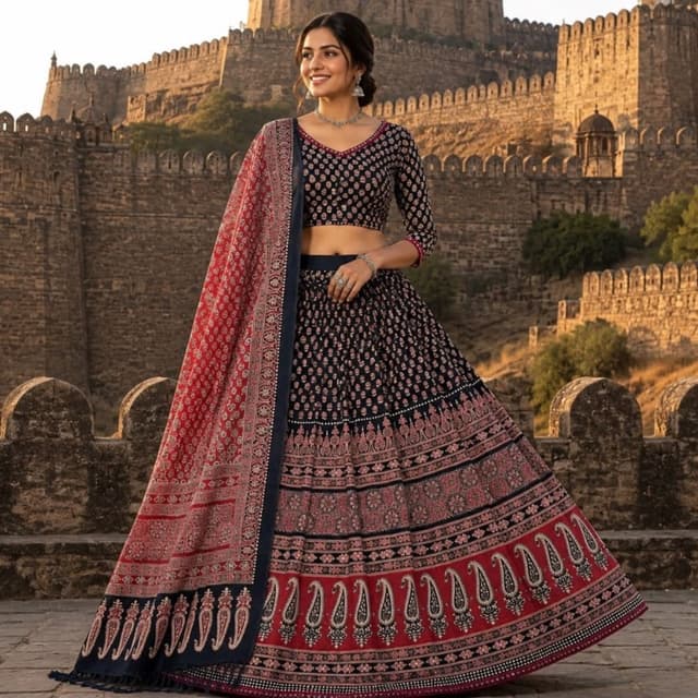 Navy Blue, Deep Red, Cream Lehenga Choli