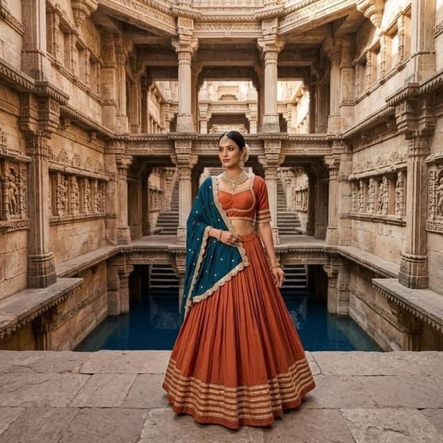 Rust Orange and Deep Teal Lehenga Choli
