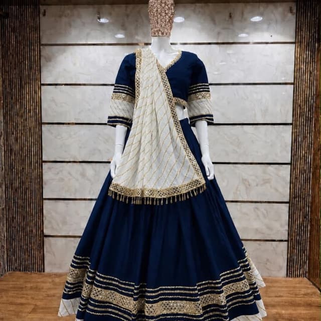 Navy Blue, White, Gold Lehenga Choli