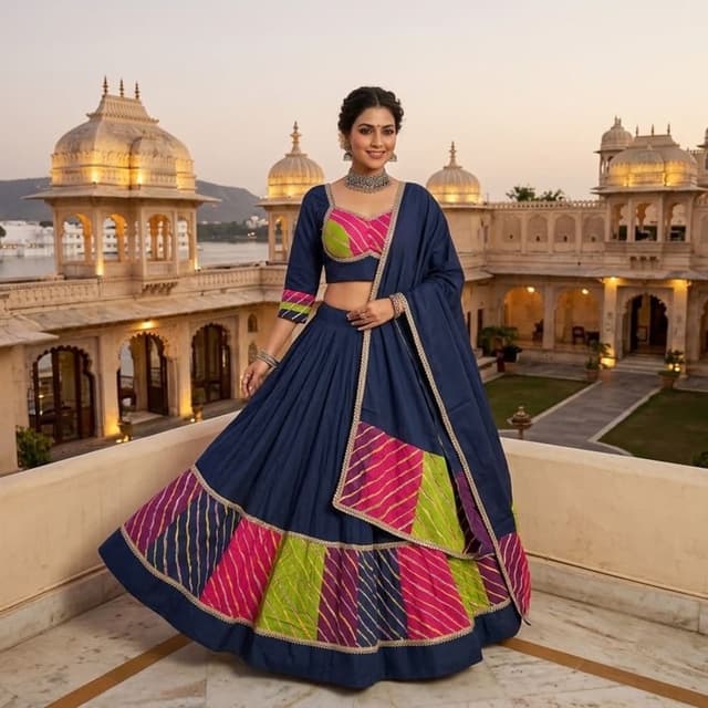 Navy Blue, Hot Pink, Lime Green Lehenga Choli