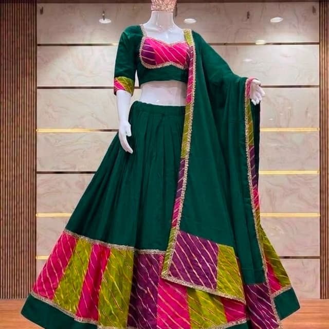 Bottle green, hot pink, and lime yellow Lehenga Choli