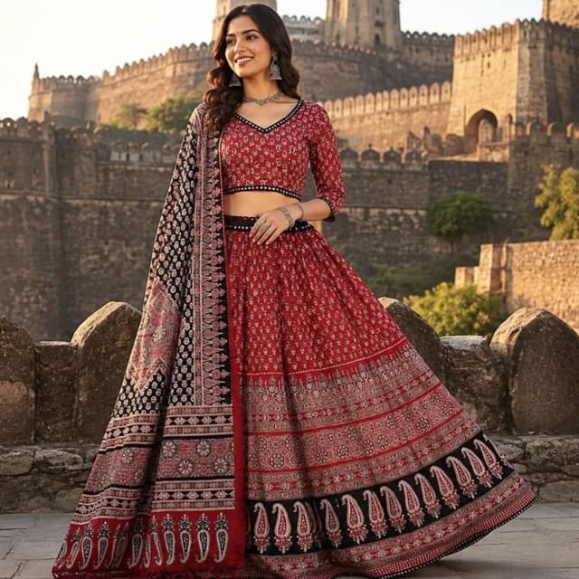 Deep Red, Black, and Off-White Lehenga Choli