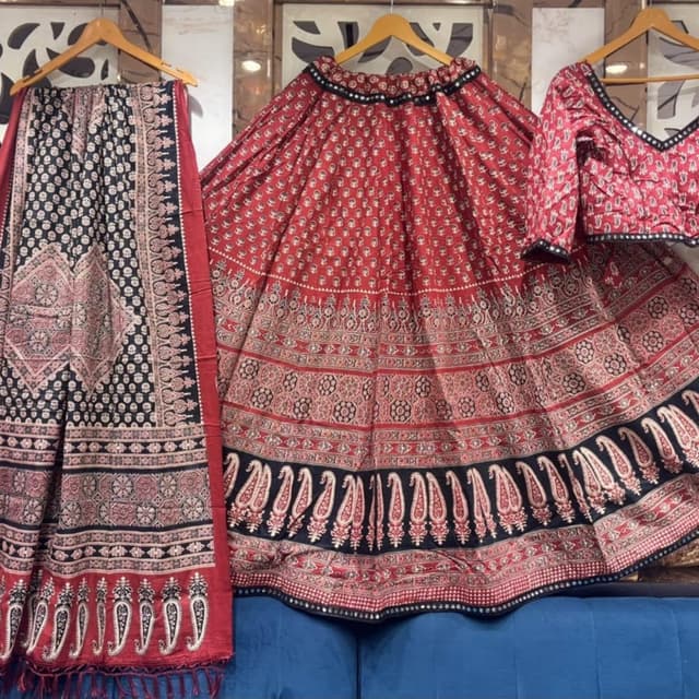 Red, Black, White, and Beige Lehenga Choli