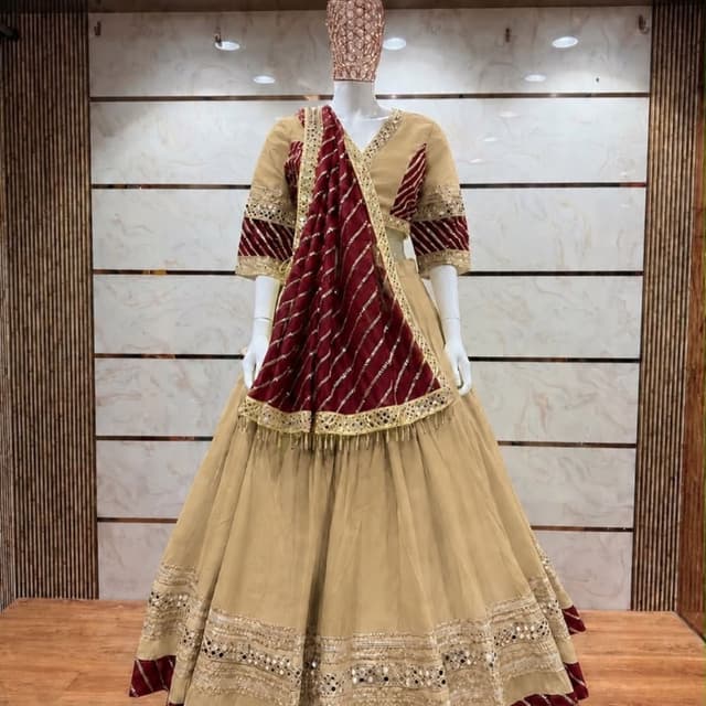 Beige, Maroon, and Gold Lehenga Choli
