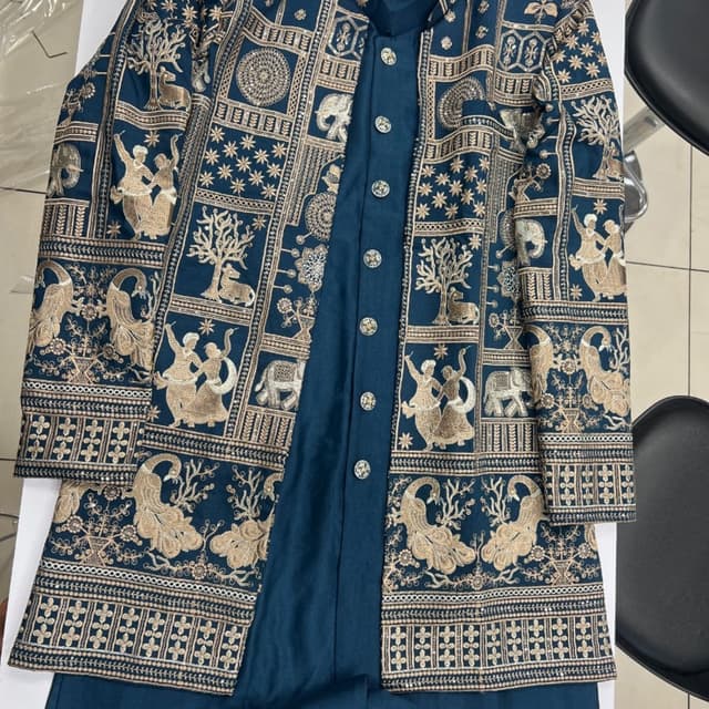Teal Blue and Metallic Gold Indo-Western Sherwani Set