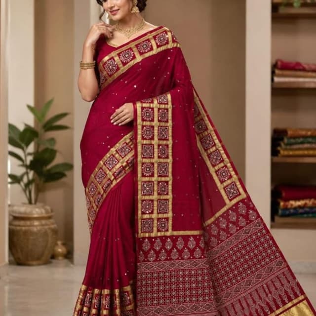 Deep Maroon, Gold Saree