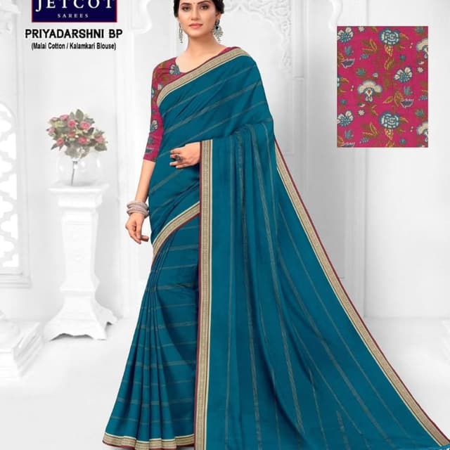 Teal blue, Maroon, Gold, and multicolored floral print Saree